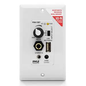 Bluetooth Receiver Wall Mount - in-Wall Audio Control with Built-in Amplifier | USB, Microphone, Aux (3.5mm) Input | Terminal Block | Connect 2 Speakers | 100 Watt - PWA15BT.5 Bluetooth Receiver Wall Mount - in-Wall Audio Control with Built-in Amplifier | USB, Microphone, Aux (3.5mm) Input | Terminal Block | Connect 2 Speakers | 100 Watt - PWA15BT.5