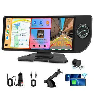 Wireless Carplay Screen for Car - 10.26 Inch Apple Carplay & Android Auto Stereo Portable Carplay Touchscreen with Built-in Clock, 1080P Backup Camera (Single Rear Camera, Black) Wireless Carplay Screen for Car - 10.26 Inch Apple Carplay & Android Auto Stereo Portable Carplay Touchscreen with Built-in Clock, 1080P Backup Camera (Single Rear Camera, Black)