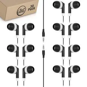 Bulk Earbuds 30-Pack Basic in-Ear Headphones with 3.5mm Audio Jack, Black Stereo Earphones for Schools, Kids, Classrooms & Libraries Bulk Earbuds 30-Pack Basic in-Ear Headphones with 3.5mm Audio Jack, Black Stereo Earphones for Schools, Kids, Classrooms & Libraries