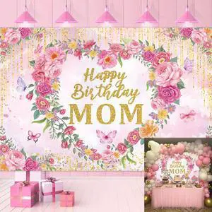 Happy Birthday Mom Backdrop Pink Flower Heart Glitter Mother's Day Decor Photography Background Mom's Birthday Backdrop for Women Party Decorations Banner Photo Props (7x5FT) Happy Birthday Mom Backdrop Pink Flower Heart Glitter Mother's Day Decor Photography Background Mom's Birthday Backdrop for Women Party Decorations Banner Photo Props (7x5FT)