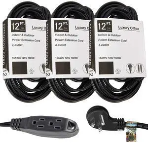3 Way Power Splitter and 12' Extension Cord, 3 Pack With Angled Plug - 1 to 3 Cable Strip With 3 Pronged Outlets and Long Y Style Wire Black - SJT 16 AWG By 3 Way Power Splitter and 12' Extension Cord, 3 Pack With Angled Plug - 1 to 3 Cable Strip With 3 Pronged Outlets and Long Y Style Wire Black - SJT 16 AWG By