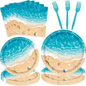 100 Pieces Beach Party Tableware Set Ocean Wave Disposable Plates, Napkins and Forks, Seashell Starfish Summer Pool Party Supplies for Birthday, Beach Theme and Tropical Decorations 100 Pieces Beach Party Tableware Set Ocean Wave Disposable Plates, Napkins and Forks, Seashell Starfish Summer Pool Party Supplies for Birthday, Beach Theme and Tropical Decorations