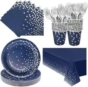 Serve 25 Guests Navy Blue Plates and Napkins Party Supplies,Blue and Silver Birthday Plates Napkins Cups Tablecloth Disposable Serve 25 Guests Navy Blue Plates and Napkins Party Supplies,Blue and Silver Birthday Plates Napkins Cups Tablecloth Disposable