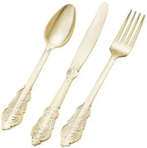 75PCS Gold Heavy Duty Plastic Silverware for 25 Guests 75PCS Gold Heavy Duty Plastic Silverware for 25 Guests