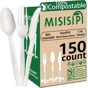 150-Count Compostable Utensils Set - Heavy Duty BPI Certified, Plastic-Free Disposable Forks, Spoons, Knives for BBQ, Camping, Events, Plant-Based Cutlery 150-Count Compostable Utensils Set - Heavy Duty BPI Certified, Plastic-Free Disposable Forks, Spoons, Knives for BBQ, Camping, Events, Plant-Based Cutlery