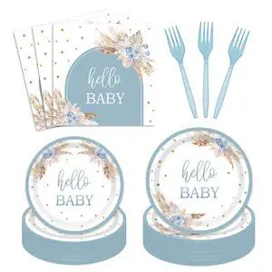 Boho Baby Shower Tableware Party Decorations, Dusty Blue, 24 Guests Boho Baby Shower Tableware Party Decorations, Dusty Blue, 24 Guests