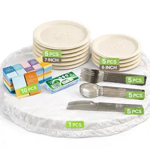 Disposable Picnic Kit for 5 Lightweight Outdoor Dinnerware Set with Plates, Plastic Cutlery, Wet Wipes & Drawstring Table Cover, Portable Picnic Supplies for Park, Beach & Camping (5) Disposable Picnic Kit for 5 Lightweight Outdoor Dinnerware Set with Plates, Plastic Cutlery, Wet Wipes & Drawstring Table Cover, Portable Picnic Supplies for Park, Beach & Camping (5)