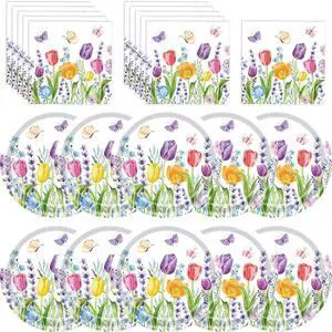 40 Pieces Spring Tulip Floral Party Tableware Set Disposable 9 Inch Plates and Napkins for Spring Garden Parties, Baby Showers and Picnics Serves 20 40 Pieces Spring Tulip Floral Party Tableware Set Disposable 9 Inch Plates and Napkins for Spring Garden Parties, Baby Showers and Picnics Serves 20