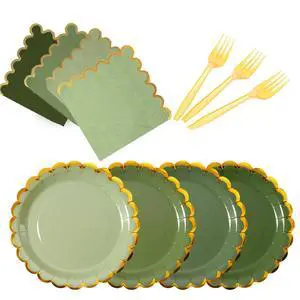 Green mix scalloped party plates with napkins and fork gold foil border, 24 Guest disposable Tableware Set Sage Green Party Decoration for Birthday Coquette Bridal Baby Shower Valentines Green mix scalloped party plates with napkins and fork gold foil border, 24 Guest disposable Tableware Set Sage Green Party Decoration for Birthday Coquette Bridal Baby Shower Valentines