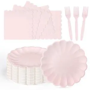 75 Pcs Pink Paper Plates and Napkins Disposable Tableware Set Include Light Pink Scalloped Plates with Shell Edge, Napkins & Plastic Forks for Wedding Baby Shower Birthday Party, Serve for 25 Guests 75 Pcs Pink Paper Plates and Napkins Disposable Tableware Set Include Light Pink Scalloped Plates with Shell Edge, Napkins & Plastic Forks for Wedding Baby Shower Birthday Party, Serve for 25 Guests