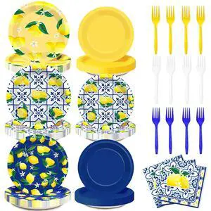 96PCS Capri Lemon Party Paper Plates Napkins and Forks for Kids Italian Tiles Lemon Party Disposable Supplies Summer Citrus Fruit Tableware Set for Birthday Wedding Baby Shower Dinnerware Decorations 96PCS Capri Lemon Party Paper Plates Napkins and Forks for Kids Italian Tiles Lemon Party Disposable Supplies Summer Citrus Fruit Tableware Set for Birthday Wedding Baby Shower Dinnerware Decorations