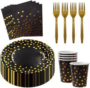 160 Pcs Black and Gold Paper Plates, Forks and Cups Party Supplies Tableware for Birthdays, Graduations, Weddings, Holidays Serves 30 (7 inches) 160 Pcs Black and Gold Paper Plates, Forks and Cups Party Supplies Tableware for Birthdays, Graduations, Weddings, Holidays Serves 30 (7 inches)