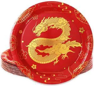 24Pcs Chinese New Year Paper Plate Red Gold Foil Dragon Disposable Dinner Plates Spring Festival Dessert Plates for Holiday Party Table Decor, 9 Inch 24Pcs Chinese New Year Paper Plate Red Gold Foil Dragon Disposable Dinner Plates Spring Festival Dessert Plates for Holiday Party Table Decor, 9 Inch