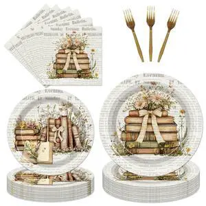 96Pcs Book Themed Party Plates Napkins and Forks, Disposable Paper Tableware Set, Vintage Book Club Decorations, Library Reading Supplies for Birthday Baby Shower, Serves 24 Guests 96Pcs Book Themed Party Plates Napkins and Forks, Disposable Paper Tableware Set, Vintage Book Club Decorations, Library Reading Supplies for Birthday Baby Shower, Serves 24 Guests