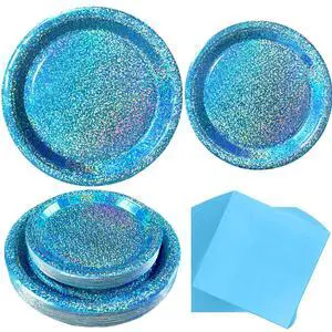 Light Blue Iridescent Party Plates & Napkins Set, 75pcs Disposable Tableware with 9" Dinner Plates, 7" Dessert Plates & Napkins, Holographic Dot Design for Baby Shower, Summer Party, Birthday Décor Light Blue Iridescent Party Plates & Napkins Set, 75pcs Disposable Tableware with 9" Dinner Plates, 7" Dessert Plates & Napkins, Holographic Dot Design for Baby Shower, Summer Party, Birthday Décor