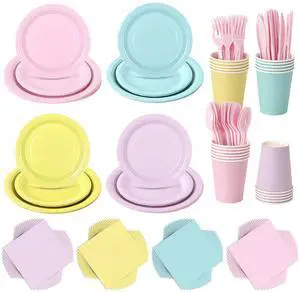 200 Pcs Pastel Disposable Plates and Napkins Tableware Set for 25 Guests 200 Pcs Pastel Disposable Plates and Napkins Tableware Set for 25 Guests