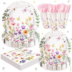 168PCS Wildflower Party Supplies, Pink Floral Themed Tableware Plates Set 168PCS Wildflower Party Supplies, Pink Floral Themed Tableware Plates Set