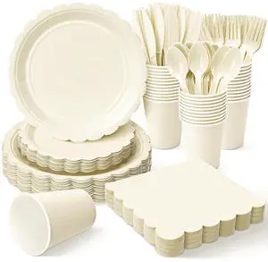 175 Pcs Ivory Disposable Paper Plates and Napkins Set for 25, 9" Dinner Plates & 7" Dessert Plates, Tableware for Wedding, Bridal Shower, Anniversary, Party 175 Pcs Ivory Disposable Paper Plates and Napkins Set for 25, 9" Dinner Plates & 7" Dessert Plates, Tableware for Wedding, Bridal Shower, Anniversary, Party