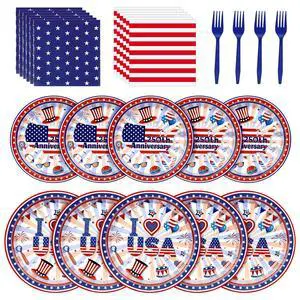 96 Pcs 250th Anniversary 4th of July Party Supplies,American Flag Patriotic Disposable Paper Plates Napkins Forks Set, Serve 24, Red White Blue Tableware for Independence Day Decor 96 Pcs 250th Anniversary 4th of July Party Supplies,American Flag Patriotic Disposable Paper Plates Napkins Forks Set, Serve 24, Red White Blue Tableware for Independence Day Decor