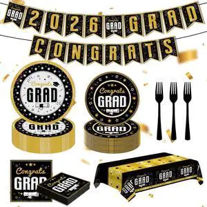 Graduation Decorations 2026 Disposable Tableware Kit for 25 Guests-102 Pcs Include Plates Napkins Forks Tablecloth and Banner for School College Graduation Themed Party Decorations (Black) Graduation Decorations 2026 Disposable Tableware Kit for 25 Guests-102 Pcs Include Plates Napkins Forks Tablecloth and Banner for School College Graduation Themed Party Decorations (Black)