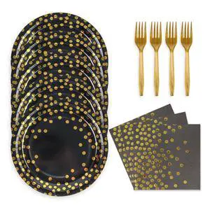 48PCS Black and Gold Plates and Napkins Party Supplies, Gold Dot Disposable Paper Plates and Napkins with Forks Tableware Set for Birthday Wedding Retirement Graduation Party Decorations 16 Guests 48PCS Black and Gold Plates and Napkins Party Supplies, Gold Dot Disposable Paper Plates and Napkins with Forks Tableware Set for Birthday Wedding Retirement Graduation Party Decorations 16 Guests