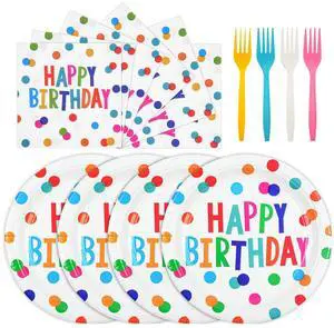72PCS Happy Birthday Paper Plates and Napkins, Colorful Dot 72PCS Happy Birthday Paper Plates and Napkins, Colorful Dot