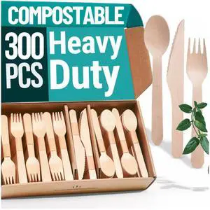 300pcs Disposable Wooden Cutlery Set (150 Forks, 100 Spoons, 50 Knives) Our Heavy Duty Compostable Wood Utensils is FSC Certified Protecting Forests. Zero Plastic Cutlery For Any Occasion 300pcs Disposable Wooden Cutlery Set (150 Forks, 100 Spoons, 50 Knives) Our Heavy Duty Compostable Wood Utensils is FSC Certified Protecting Forests. Zero Plastic Cutlery For Any Occasion