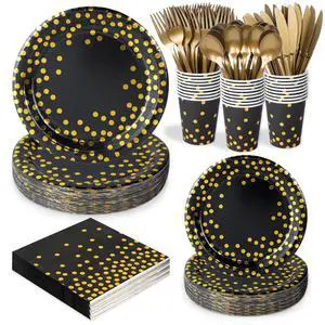 175 Pcs Black and Gold Paper Plates Party Supplies, Serves 25 Black Gold Dot Disposable Dinner Tableware Set Plates Napkins Cups Gold Plastic Forks Spoons Knives Party for Birthday Wedding Graduation 175 Pcs Black and Gold Paper Plates Party Supplies, Serves 25 Black Gold Dot Disposable Dinner Tableware Set Plates Napkins Cups Gold Plastic Forks Spoons Knives Party for Birthday Wedding Graduation