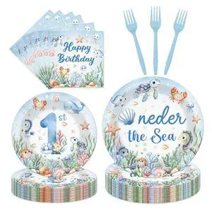 Under the Sea Paper Plates Napkins Forks, 96 Pcs 1st Birthday Party Parper Disposable Tableware Set, Ocean Animal Baby Shower Decorations Supplies for Boys, Serves 24 Guests Under the Sea Paper Plates Napkins Forks, 96 Pcs 1st Birthday Party Parper Disposable Tableware Set, Ocean Animal Baby Shower Decorations Supplies for Boys, Serves 24 Guests