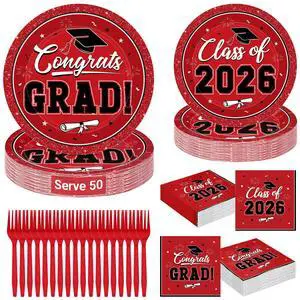 200Pcs Graduation Supplies Set 2026, Red Graduation Plates, Napkins, Dessert Plates and Plastic Forks for 50 Guests, Grad Party Disposable Tableware for Wedding, Birthday, Graduation 200Pcs Graduation Supplies Set 2026, Red Graduation Plates, Napkins, Dessert Plates and Plastic Forks for 50 Guests, Grad Party Disposable Tableware for Wedding, Birthday, Graduation