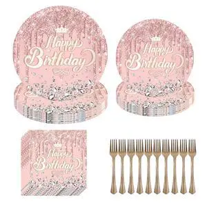 80pcs Pink Rose Gold Plates and Napkins Party Supplies - Happy Birthday Tableware Set, Disposable Party Favors for 20 Guests, Elegant Shimmer Diamond Decor for Baby Shower, Girls, Women 80pcs Pink Rose Gold Plates and Napkins Party Supplies - Happy Birthday Tableware Set, Disposable Party Favors for 20 Guests, Elegant Shimmer Diamond Decor for Baby Shower, Girls, Women
