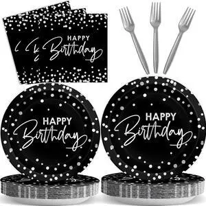 96PCS Black Silver Birthday Paper Plates and Napkins Party Supplies Happy Birthday Party Decorations Disposable Birthday Party Tableware Dinnerware Set for Women Men Birthday Serves 24 Guests 96PCS Black Silver Birthday Paper Plates and Napkins Party Supplies Happy Birthday Party Decorations Disposable Birthday Party Tableware Dinnerware Set for Women Men Birthday Serves 24 Guests