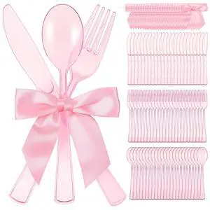 25 Sets Pink Plastic Cutlery Set with Twist Tie Bows, Heavy Duty Tableware Disposable Pink Forks Knives and Spoons Silverware Utensils Set for Coquette Birthday Party Table Setting Picnics 25 Sets Pink Plastic Cutlery Set with Twist Tie Bows, Heavy Duty Tableware Disposable Pink Forks Knives and Spoons Silverware Utensils Set for Coquette Birthday Party Table Setting Picnics