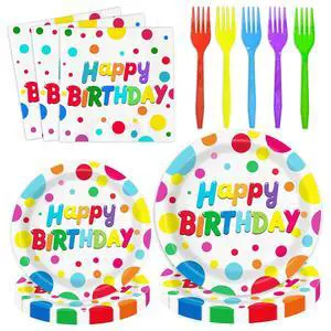 100 PCS Happy Birthday Paper Plates Napkins and Forks Set Serve 25 100 PCS Happy Birthday Paper Plates Napkins and Forks Set Serve 25