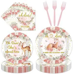 Oh Deer Baby Shower Plates Napkins and Forks, 96Pcs Woodland Theme Disposable Decorations Tableware Set, Pink Deer & Floral Party Supplies for Girls Gender Reveal Party Supplies, Serves 24 Oh Deer Baby Shower Plates Napkins and Forks, 96Pcs Woodland Theme Disposable Decorations Tableware Set, Pink Deer & Floral Party Supplies for Girls Gender Reveal Party Supplies, Serves 24