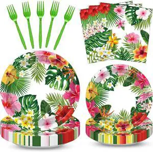 100 Pcs Tropical Luau Party Supplies Set, Serves 25 Disposable Hibiscus Floral Paper Plates, Napkins, and Forks, Hawaiian Themed Tableware for Summer BBQ, Pool and Beach Aloha Birthday Decorations 100 Pcs Tropical Luau Party Supplies Set, Serves 25 Disposable Hibiscus Floral Paper Plates, Napkins, and Forks, Hawaiian Themed Tableware for Summer BBQ, Pool and Beach Aloha Birthday Decorations