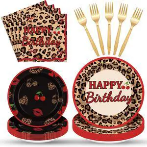 96Pcs Cheetah Print Party Supplies Set Leopard Birthday Plates and Napkins Red Black Cherry Theme Disposable Tableware for Girls Women Birthday Wedding Coquette Party Decorations 96Pcs Cheetah Print Party Supplies Set Leopard Birthday Plates and Napkins Red Black Cherry Theme Disposable Tableware for Girls Women Birthday Wedding Coquette Party Decorations