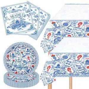 Party Supplies Tableware Set for 25 Guests, Blue Chinoiserie Mahjong Disposable Plates Paper Napkins Tablecloths for Game Night Bridal Shower Birthday Decorations Party Supplies Tableware Set for 25 Guests, Blue Chinoiserie Mahjong Disposable Plates Paper Napkins Tablecloths for Game Night Bridal Shower Birthday Decorations