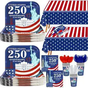 170 Pcs 250th Anniversary 4th of July Decorations Serve 24, American Flag Patriotic Party Supplies 4th of July Disposable Paper Plates Napkins Cups Knives Forks Spoons Tablecloths for Independence Day 170 Pcs 250th Anniversary 4th of July Decorations Serve 24, American Flag Patriotic Party Supplies 4th of July Disposable Paper Plates Napkins Cups Knives Forks Spoons Tablecloths for Independence Day