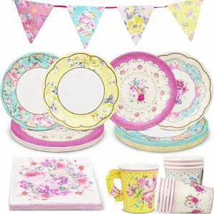 50pcs Floral Tea Party Decorations - Disposable Paper Plates, Teacups, Napkins & Bunting | Tableware Set for 16 Guests | Birthday Party Set 50pcs Floral Tea Party Decorations - Disposable Paper Plates, Teacups, Napkins & Bunting | Tableware Set for 16 Guests | Birthday Party Set