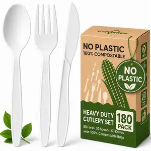 Compostable Cutlery Set (180Pack), Heavy Duty & Eco-Friendly Compostable Utensils No-Plastic Spoons, Forks, Knives - 100% Disposable Cornstarch Flatware for Party Wedding BBQ Picnic Camping Compostable Cutlery Set (180Pack), Heavy Duty & Eco-Friendly Compostable Utensils No-Plastic Spoons, Forks, Knives - 100% Disposable Cornstarch Flatware for Party Wedding BBQ Picnic Camping