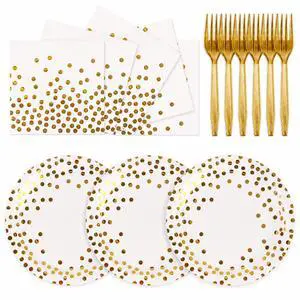 75PCS Paper Plates and Napkins Set, White and Gold Dot 75PCS Paper Plates and Napkins Set, White and Gold Dot