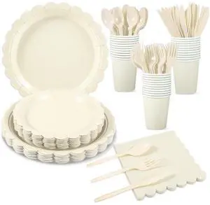 25 Set Party Plates and Cups and Napkins Ivory Scalloped Dinnerware 25 Set Party Plates and Cups and Napkins Ivory Scalloped Dinnerware