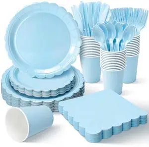 175 Pcs Light Blue Disposable Paper Plates and Napkins Set for 25, 9" Dinner Plates & 7" Dessert Plates, Tableware for Baby Shower, Birthday, Picnic, Party 175 Pcs Light Blue Disposable Paper Plates and Napkins Set for 25, 9" Dinner Plates & 7" Dessert Plates, Tableware for Baby Shower, Birthday, Picnic, Party
