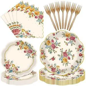 96 Pieces Vintage Floral Tableware Set Disposable Paper Plates, Napkins, and Forks for Tea Parties, Bridal Showers, Weddings, Birthdays, Mothers Day, and Garden Celebrations Serves 24 Guests 96 Pieces Vintage Floral Tableware Set Disposable Paper Plates, Napkins, and Forks for Tea Parties, Bridal Showers, Weddings, Birthdays, Mothers Day, and Garden Celebrations Serves 24 Guests