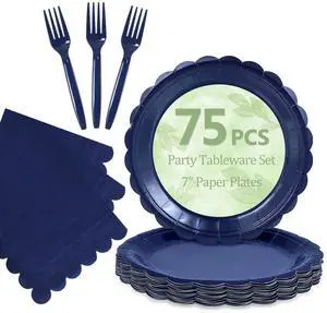 75 Navy Blue Plates and Napkins Disposable Set Includes 25 Dessert Cake Scalloped Plates, Cocktail Napkins & Forks, for Fork 25 Guests Holiday Party Supplies. 75 Navy Blue Plates and Napkins Disposable Set Includes 25 Dessert Cake Scalloped Plates, Cocktail Napkins & Forks, for Fork 25 Guests Holiday Party Supplies.