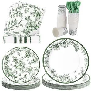 144 Pcs Sage Green Floral Tableware Set for 24 Guests 144 Pcs Sage Green Floral Tableware Set for 24 Guests