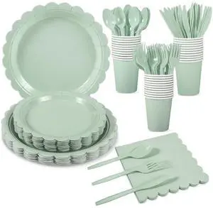 Party Plates and Cups and Napkins, 25 Set Sage Green Dinnerware Party Plates and Cups and Napkins, 25 Set Sage Green Dinnerware