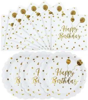 Happy Birthday Paper Plates and Napkins, White and Gold, 7 Inch, 50PCS Happy Birthday Paper Plates and Napkins, White and Gold, 7 Inch, 50PCS