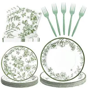 100 Pcs Disposable Sage Green Flower Tableware Set for 25 Guests 100 Pcs Disposable Sage Green Flower Tableware Set for 25 Guests